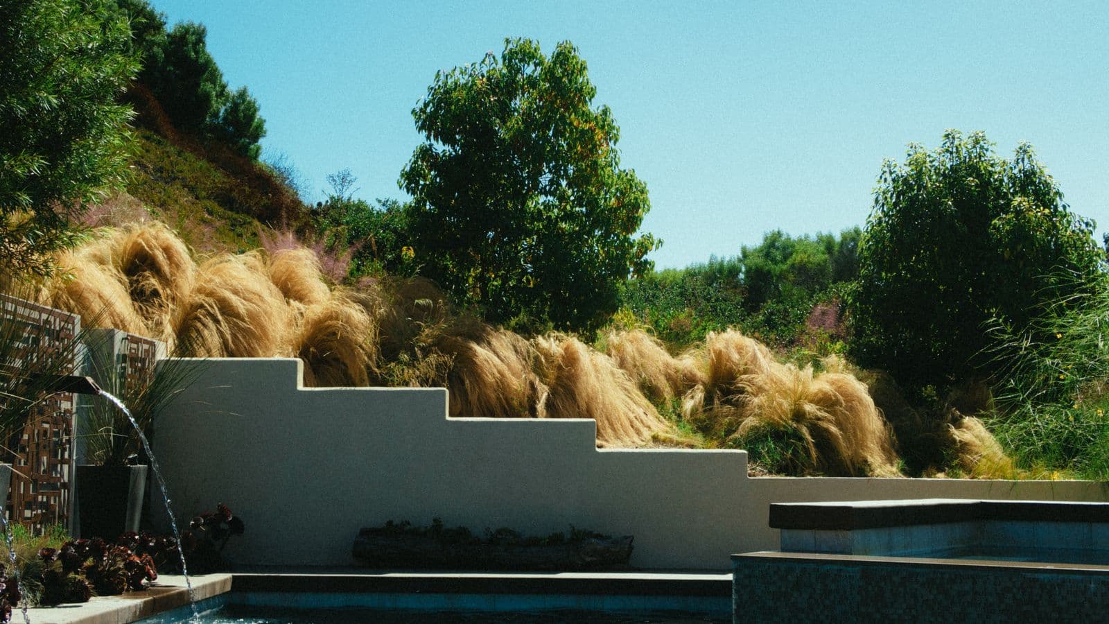 Modern white stepped stucco retaining wall holding back an ornamental-grass hillside beside a pool and water feature