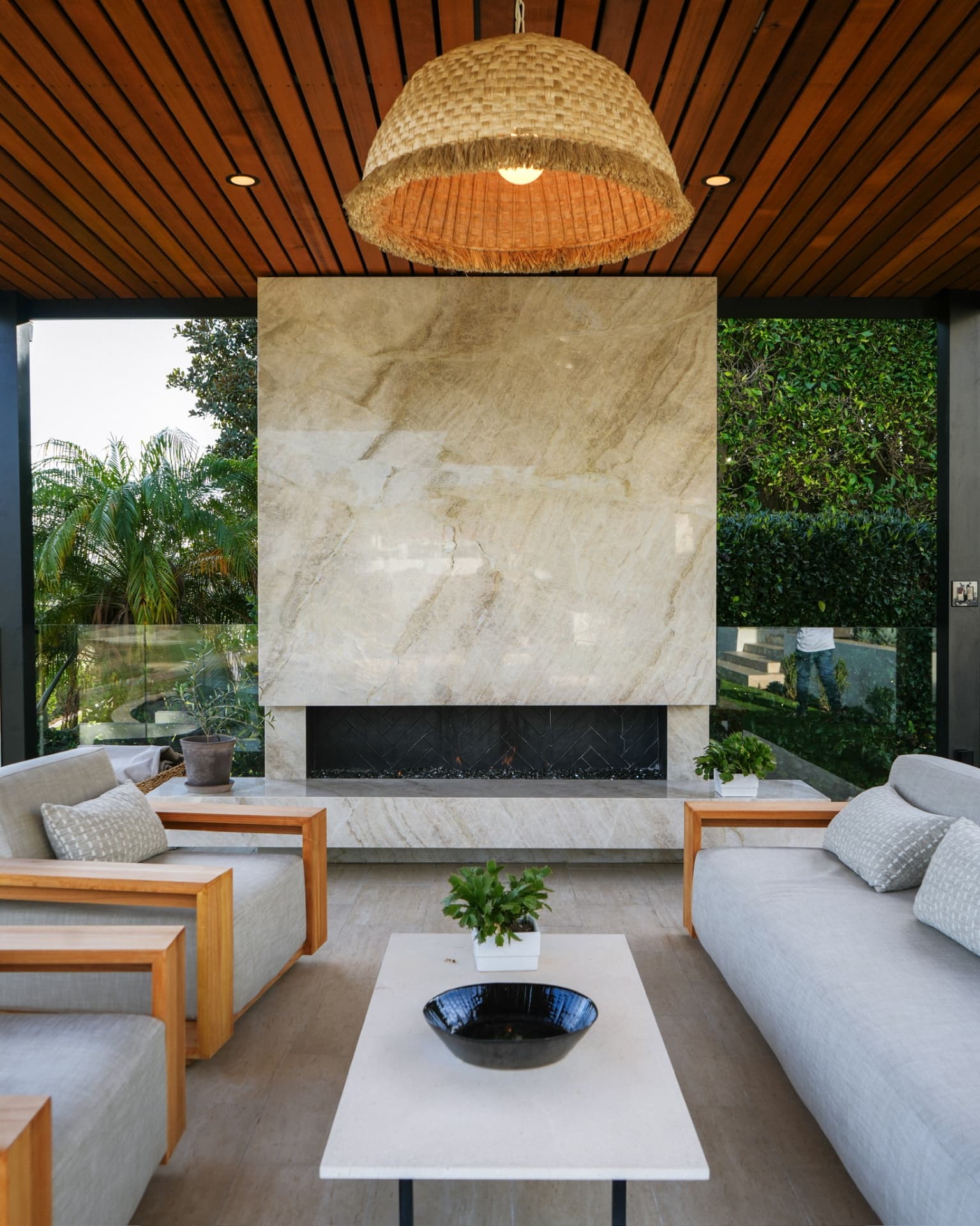 Luxury custom outdoor fireplace designed and built by Modern Yardz in San Diego