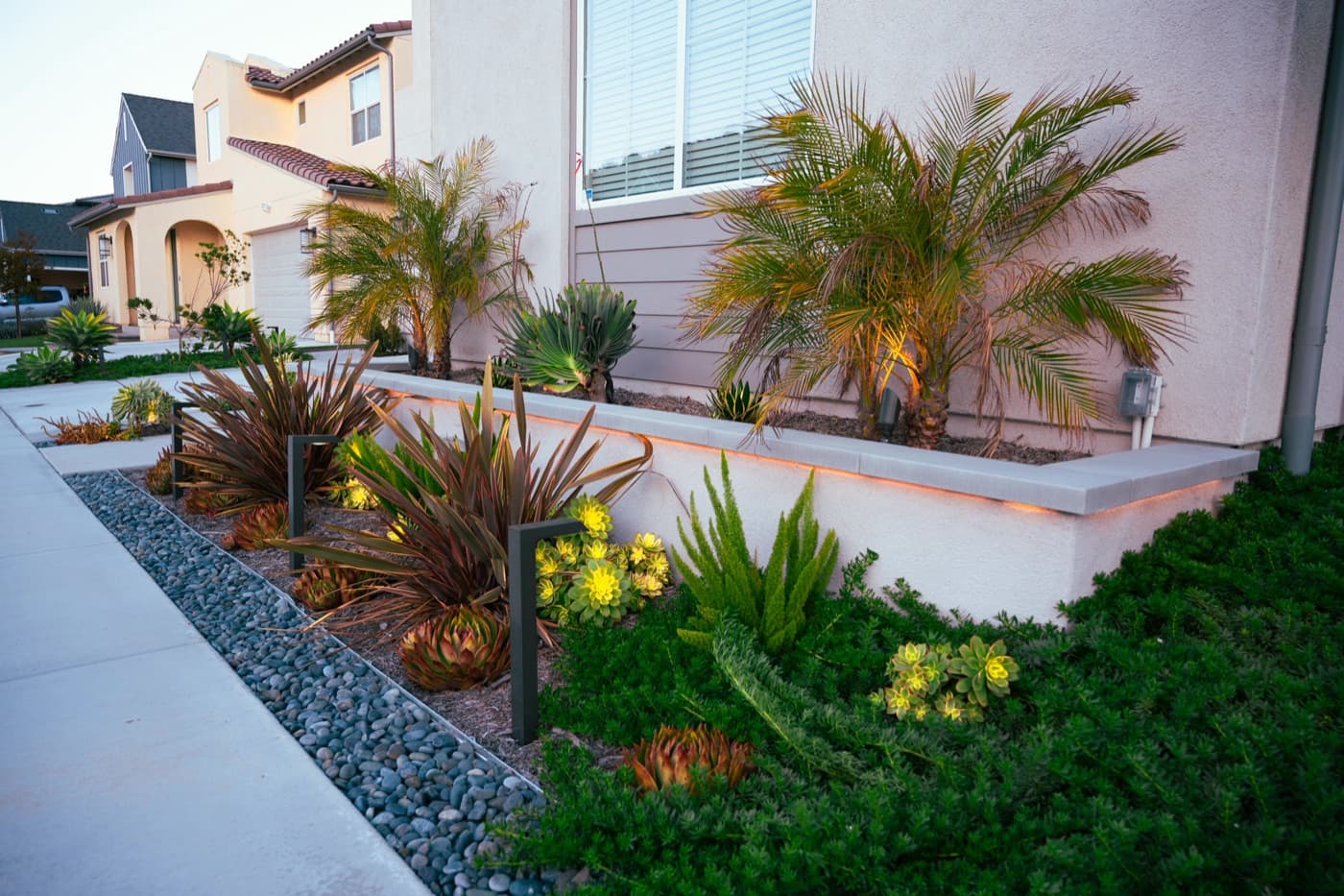 Salt-tolerant planting and hardscape by Modern Yardz in Point Loma
