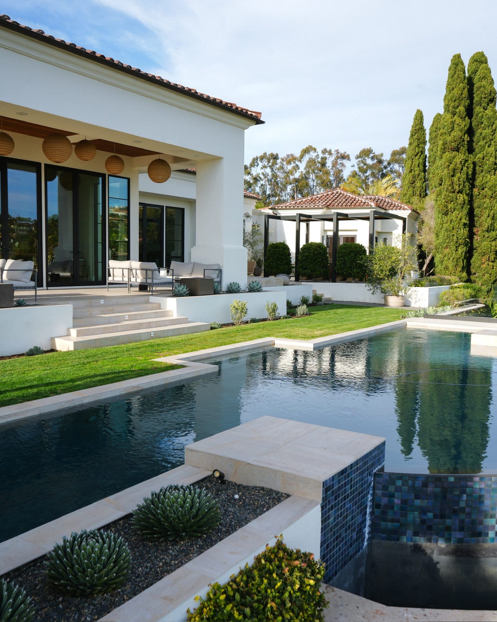 Pool and agave planting beds along the rear of the Rancho Santa Fe estate